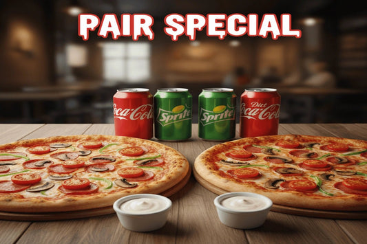 Pair Special - 2 Medium Pizzas (4 Toppings Each) + 2 Drinks + 2 Dips - City South Pizza