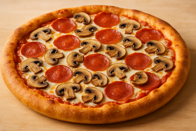 Two-topping pizza with natural lighting